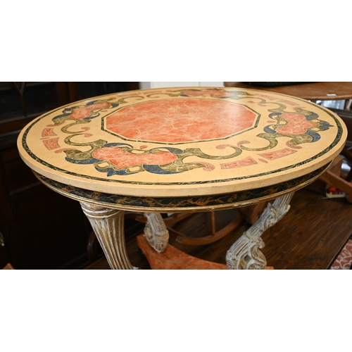 82 - A continental circular centre table with polychrome laminated top on three shaped aged gilt supports... 