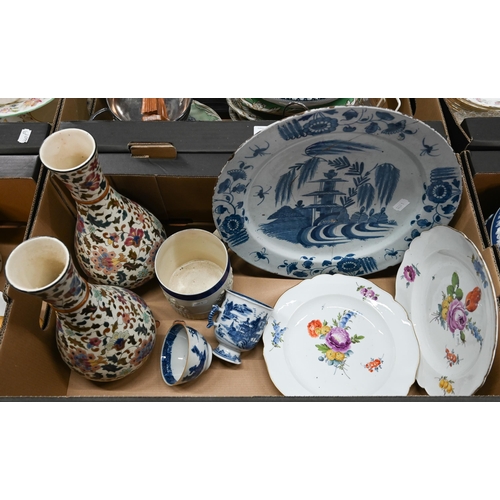 418 - An 18th century Delft charger painted with pagoda within floral border, 34 cm (repaired) to/w a pair... 