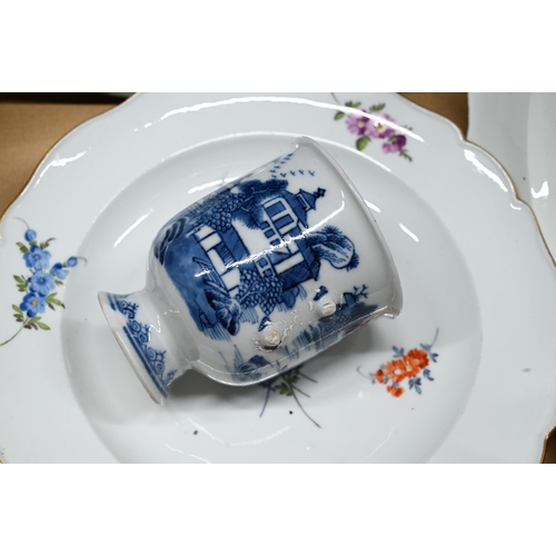 418 - An 18th century Delft charger painted with pagoda within floral border, 34 cm (repaired) to/w a pair... 