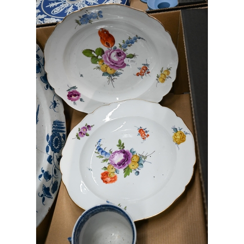 418 - An 18th century Delft charger painted with pagoda within floral border, 34 cm (repaired) to/w a pair... 