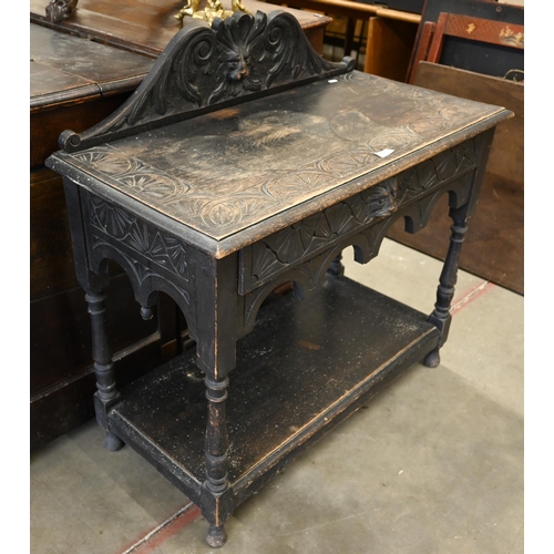 102 - Gothic Revival carved oak side table with single drawer, turned supports and undertier, 92 x 45 x 92... 