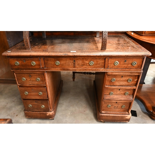 107 - A small Victorian mahogany twin pedestal desk with nine drawers, 104 cm w x 58 cm d x 72 cm h  (a/f)