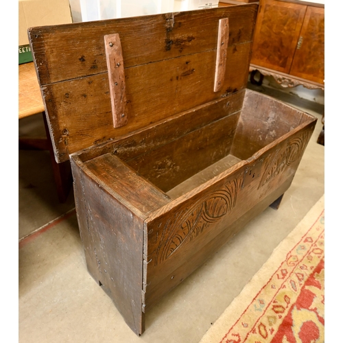 112 - An 18th century and later carved oak coffer, repairs, 100 x 40 x 56 cm h