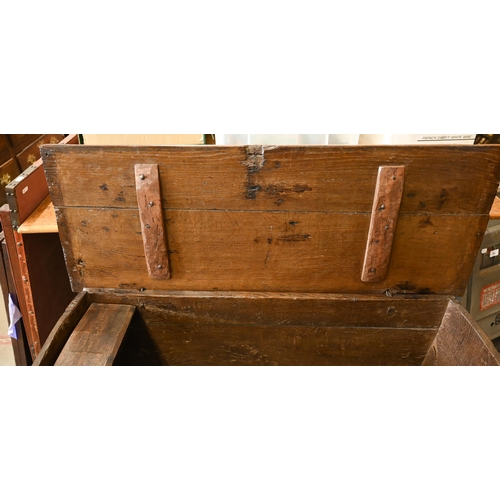 112 - An 18th century and later carved oak coffer, repairs, 100 x 40 x 56 cm h