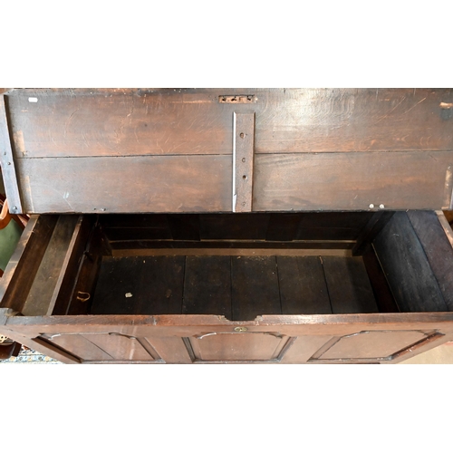 113 - An 18th century panelled oak mule chest with two drawers, 136 x 54 x 84 cm h