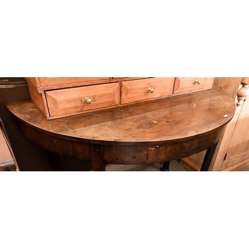 120 - A 19th century mahogany demi lune console table on chamfered square supports, 110 x 54 x 70 cm high