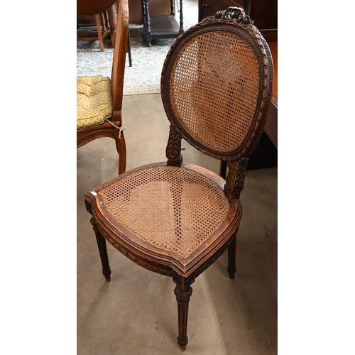 127 - Two pairs of French carved frame salon chairs with caned seats and backs (1 a/f)