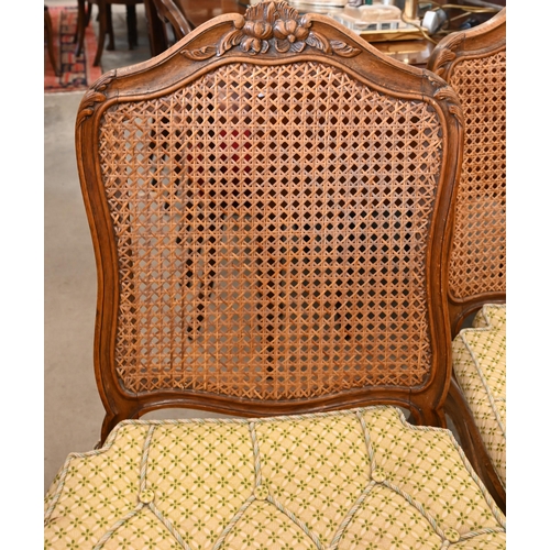 127 - Two pairs of French carved frame salon chairs with caned seats and backs (1 a/f)