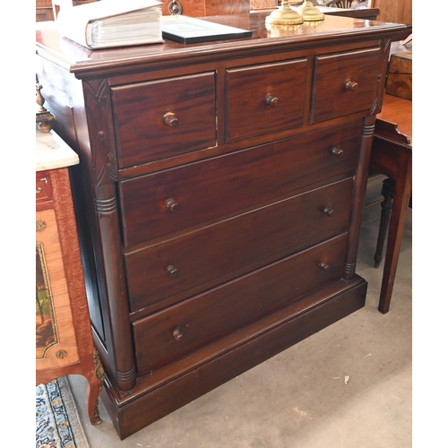 128 - A Continental stained mahogany chest of three short and three long drawers, on plinth base, 105 cm w... 