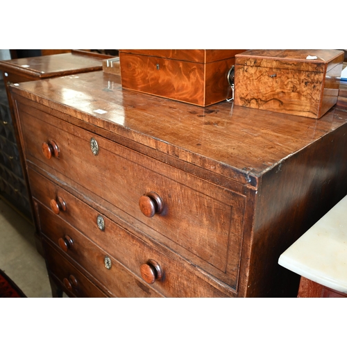 130 - A George III mahogany secretaire chest with fitted drawer above three long drawers, on French bracke... 