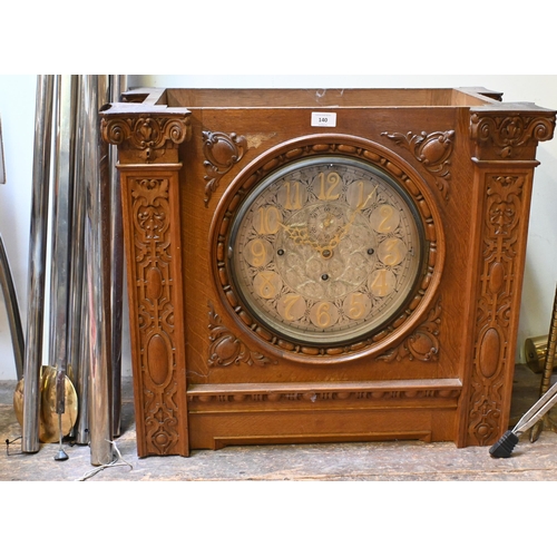 140 - A substantial triple fusee musical clock movement, previously an Arts & Crafts oak longcase cloc... 