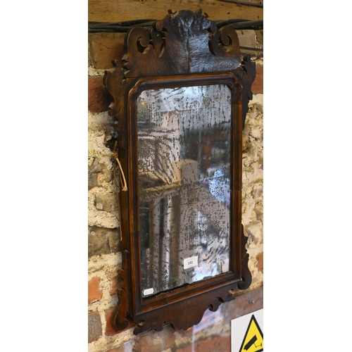 141 - A George III walnut fret-cut wall mirror, with distressed plate, 65 cm x 37 cm h