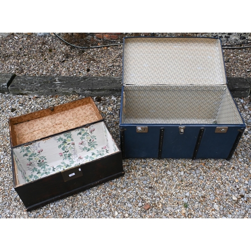 146 - An old wooden dome top trunk, to/w a blue canvas luggage trunk, stencilled 'PJ Wheatley' (2)