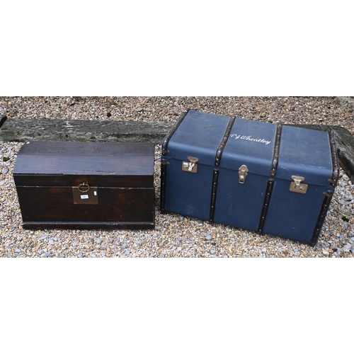 146 - An old wooden dome top trunk, to/w a blue canvas luggage trunk, stencilled 'PJ Wheatley' (2)