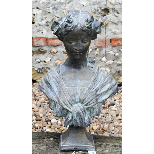 17 - A reconstituted cast stone Art Nouveau style bust of 'Josephine' in aged bronzed finish, 46 cm h