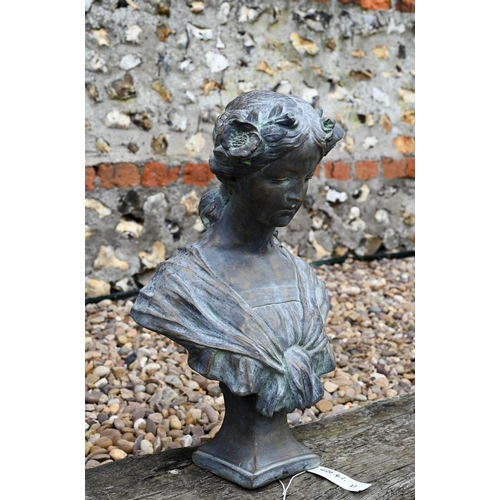 17 - A reconstituted cast stone Art Nouveau style bust of 'Josephine' in aged bronzed finish, 46 cm h