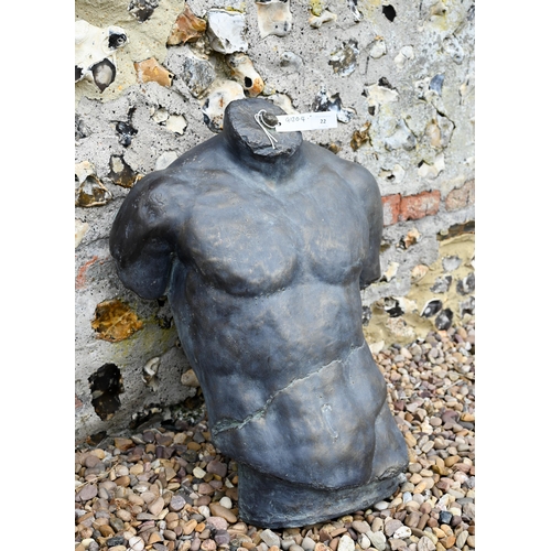 22 - A reconstituted cast stone garden sculpture of a nude torso in the classical manner, aged bronzed fi... 