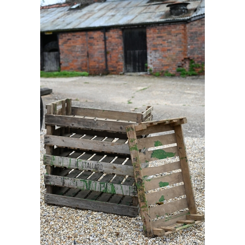 27 - Six vintage pine stacking apple trays, some stenciled