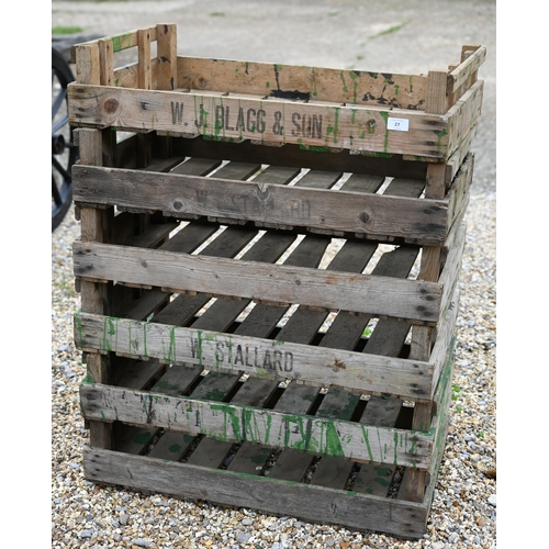 27 - Six vintage pine stacking apple trays, some stenciled