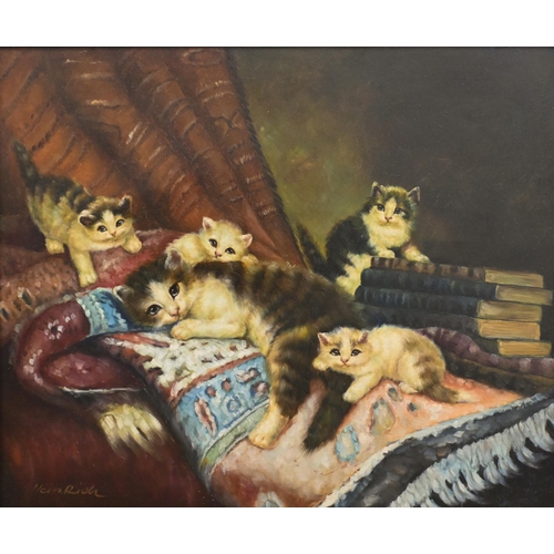 Heinrich - Family of kittens, oil on canvas, signed, 49 x 59 cm