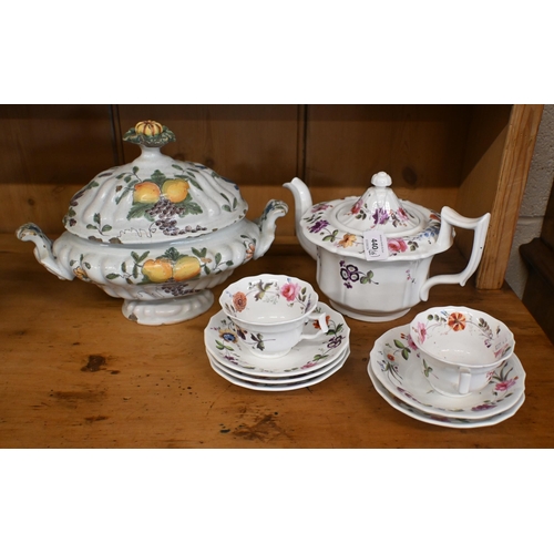 440 - A Victorian floral-painted china teapot with with two matching teacups and five saucers, to/w seven ... 