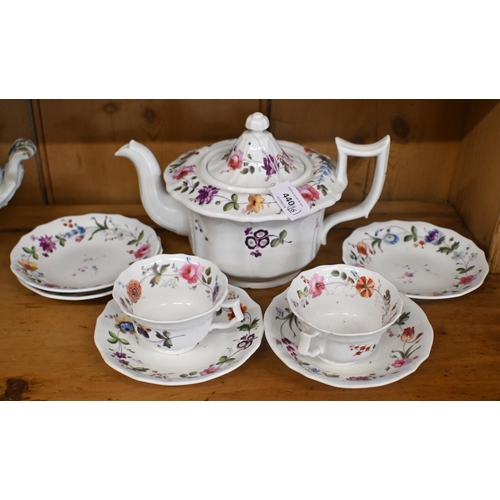 440 - A Victorian floral-painted china teapot with with two matching teacups and five saucers, to/w seven ... 