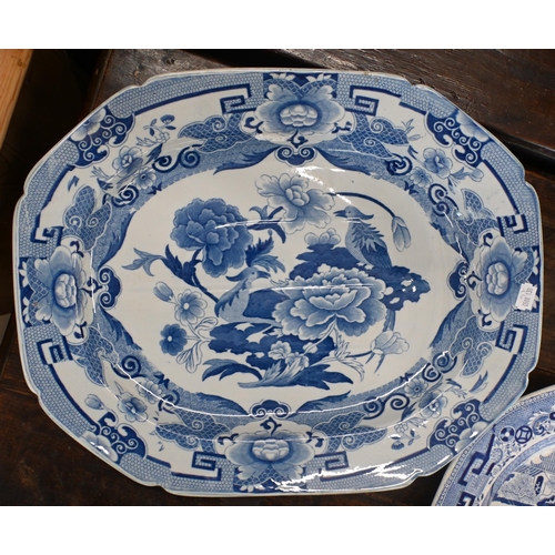 443 - A Masons Ironstone china blue and white meat dish with floral printed decoration, 47 x 38 cm (chip u... 