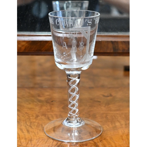 444 - A 20th century drinking glass etched with a hanged man and the inscription 'A Coward's Reward AB 175... 