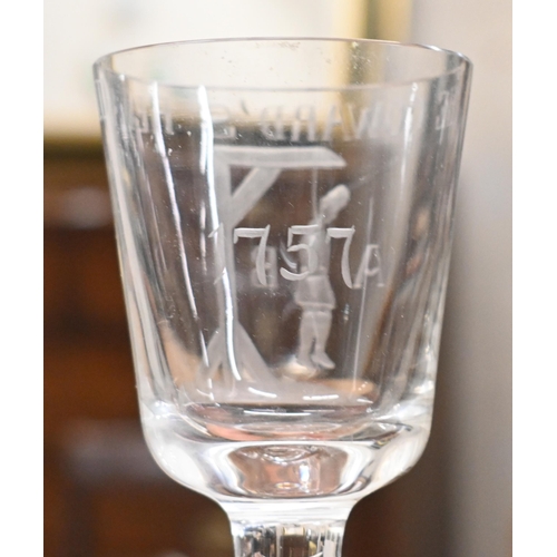 444 - A 20th century drinking glass etched with a hanged man and the inscription 'A Coward's Reward AB 175... 