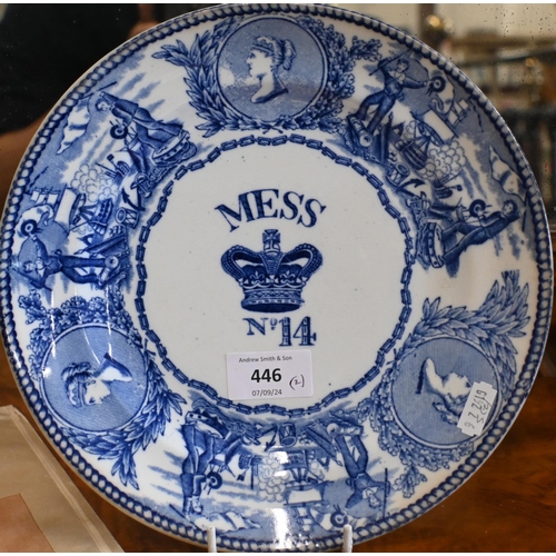 446 - A Victorian blue and white transfer-printed dinner plate inscribed 'Mess No. 14' with crown, within ... 