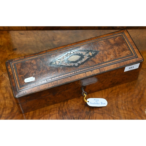 451 - A 19th century Continental inlaid amboyna glove-box with deep-buttoned silk interior (worn), 32 cm w... 