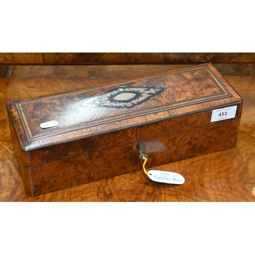 451 - A 19th century Continental inlaid amboyna glove-box with deep-buttoned silk interior (worn), 32 cm w... 