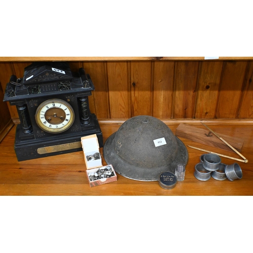 453 - A World War II British steel helmet, to/w an Edwardian slate clock, various costume jewellery and Ar... 