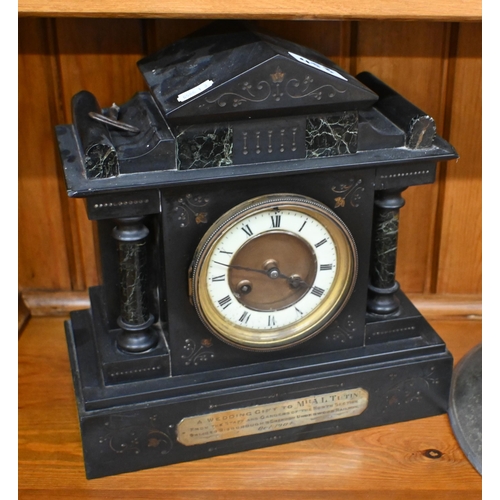 453 - A World War II British steel helmet, to/w an Edwardian slate clock, various costume jewellery and Ar... 