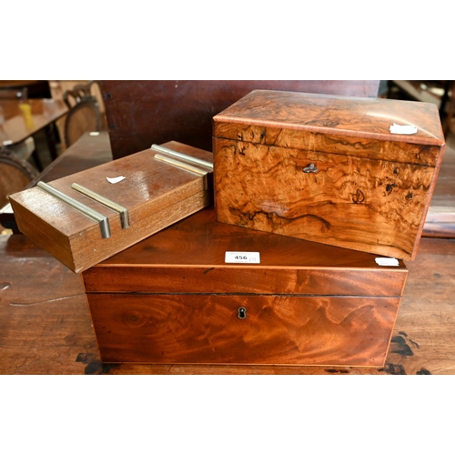 456 - A German mahogany box with brass ring and plate side handles, 36 cm to/w a Victorian burr walnut tea... 