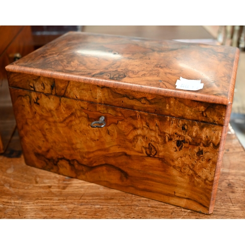 456 - A German mahogany box with brass ring and plate side handles, 36 cm to/w a Victorian burr walnut tea... 