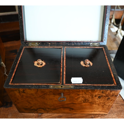 456 - A German mahogany box with brass ring and plate side handles, 36 cm to/w a Victorian burr walnut tea... 