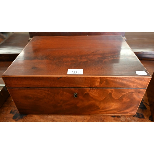 456 - A German mahogany box with brass ring and plate side handles, 36 cm to/w a Victorian burr walnut tea... 