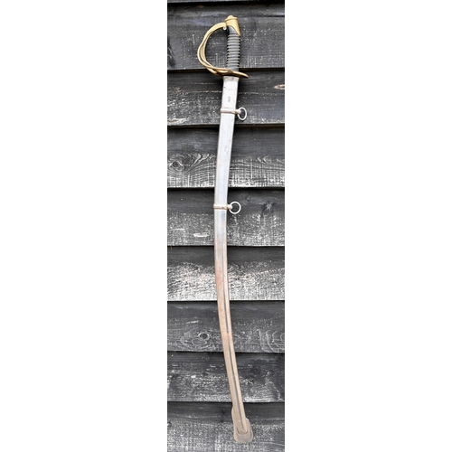 469 - An antique German cavalry sabre with 88 cm curved and fullered blade, brass basket guard and wired l... 