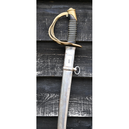 469 - An antique German cavalry sabre with 88 cm curved and fullered blade, brass basket guard and wired l... 