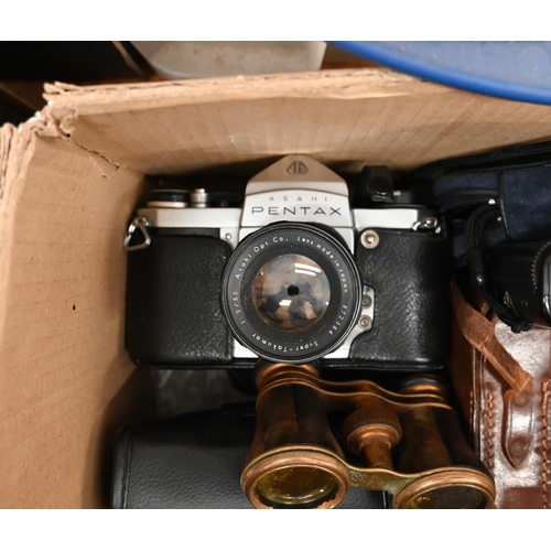 477 - A cased pair of Trentor 10 x 50 binoculars to/w a Pentax S1a slr camera, Kodak SIX-20 folding camera... 