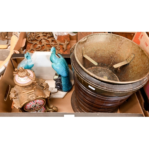 484 - A vintage turned and coopered oak bucket with copper liner and brass tap to/w a brass mantel clock w... 