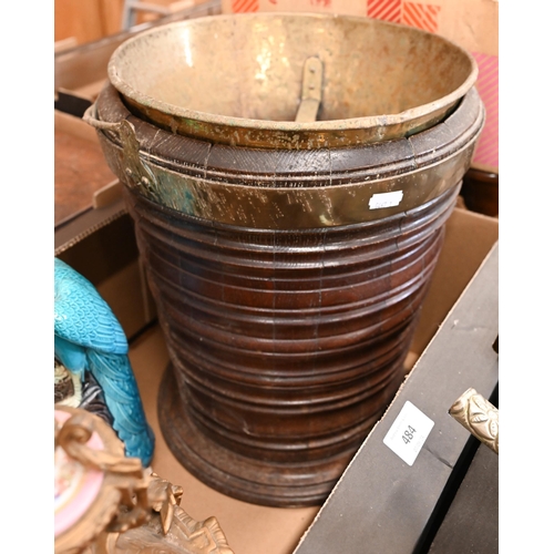 484 - A vintage turned and coopered oak bucket with copper liner and brass tap to/w a brass mantel clock w... 