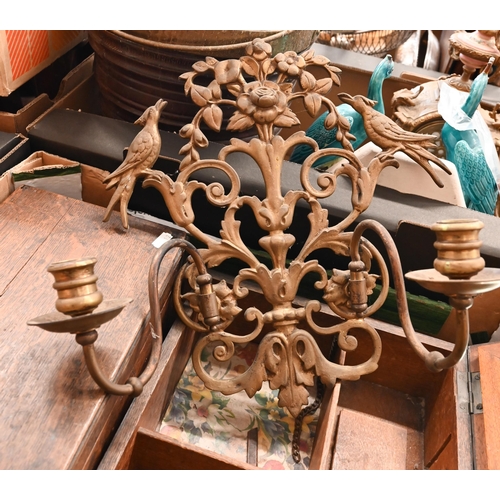 485 - # A heavy cast brass wall sconce with two swing branches to/w a mahogany box with mirror inside lid ... 