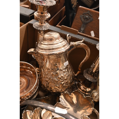 487 - A Victorian electroplated lidded jug, pair of plated on copper candlesticks, two pairs of wine coast... 