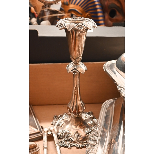 491 - # A plated on copper Adam Revival candelabrum with twin branches to/w a pair of candlesticks, pair o... 