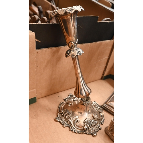 491 - # A plated on copper Adam Revival candelabrum with twin branches to/w a pair of candlesticks, pair o... 