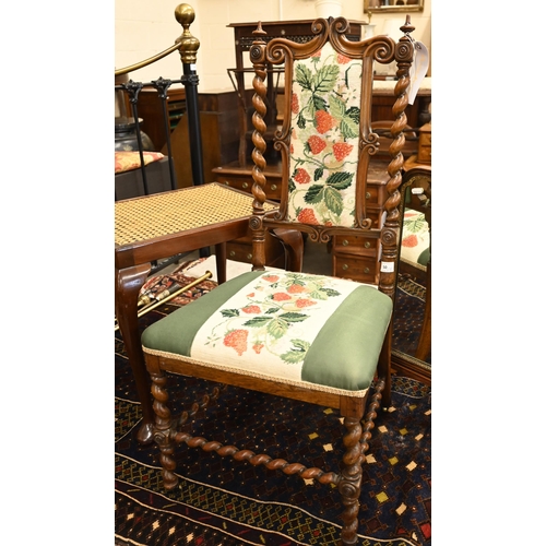 50 - A Victorian carved walnut child's chair with needlework back and seat, on twist supports, to/w a can... 