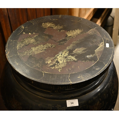 54 - A Chinese black lacquered bowl-stand with gilt decoration, on circular base, 96 cm high x 55 cm diam... 