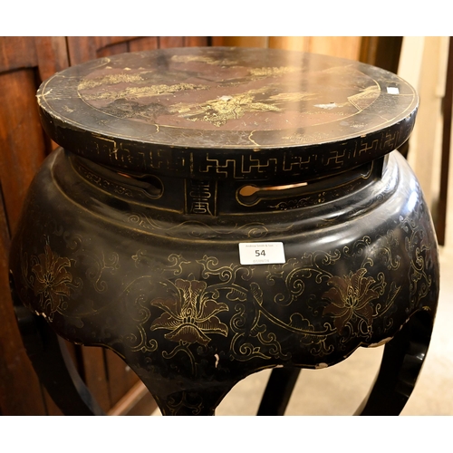 54 - A Chinese black lacquered bowl-stand with gilt decoration, on circular base, 96 cm high x 55 cm diam... 